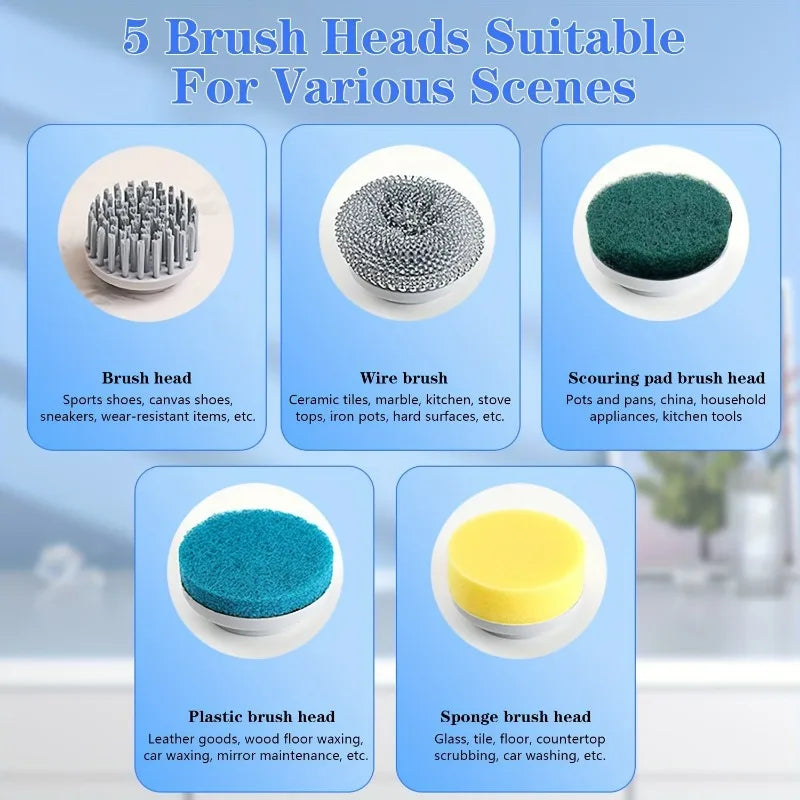 Electric Spin Scrubber with 5 Replaceable Brush Head, Three-Speed Adjustable Handheld Rechargeable Shower Scrubber